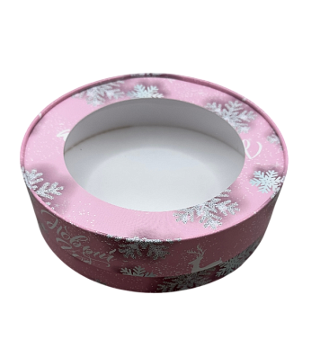 картинка Коробка под зефир,макаруны круглая с окном диам.160мм выс 45мм (Снежинки розовые) от магазинаАрт-Я