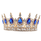 картинка Декоративная корона на торт с СИНИМИ стразами 12*5,5см, золото от магазинаАрт-Я