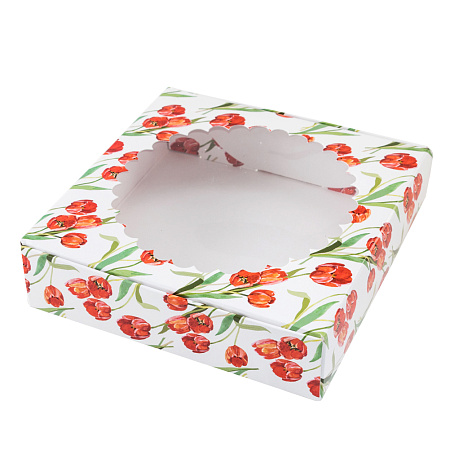 картинка Коробка 12*12*3 см с окном "Красные тюльпаны" от магазинаАрт-Я