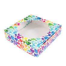 картинка Коробка для печенья 12*12*3 см с окном "Разноцветные сердечки" от магазинаАрт-Я