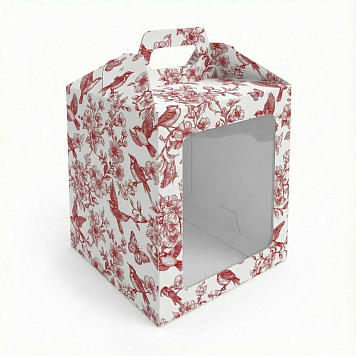 картинка Коробка 15*15*18см под кулич с фронтальной загрузкой (Красный узор) от магазинаАрт-Я