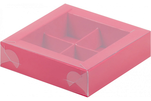 картинка Коробка для 4 конфет с пластиковой крышкой 120*120*30мм (КРАСНАЯ) от магазинаАрт-Я