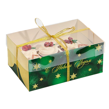 картинка Коробка №332 для 6 капкейков «Новый год» зеленая от магазинаАрт-Я