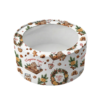 картинка Коробка под зефир,макаруны круглая с окном диам.160мм выс 70мм (Новогодняя №7)ПРЯНИКИ от магазинаАрт-Я