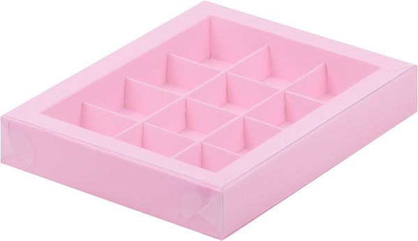 картинка Коробка для 12 конфет с пластиковой крышкой 190*150*30 РОЗОВАЯ от магазинаАрт-Я
