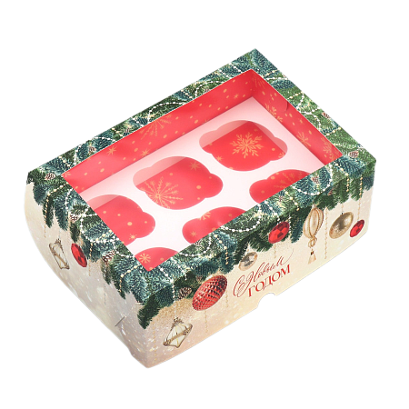 картинка Коробка №283 для 6 капкейков  "С Новым годом" 25*17*10 см от магазинаАрт-Я