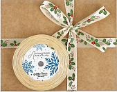 картинка Лента атласная 15мм*25(23м) омела №02 бежевый/зелёный/красный от магазинаАрт-Я