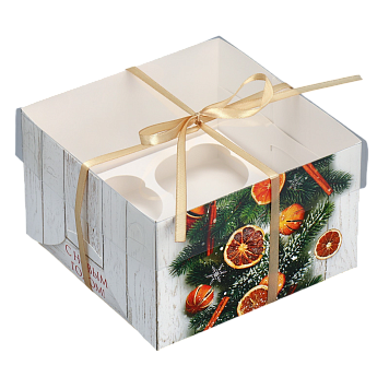 картинка Коробка №334 для 4 капкейков «Новогодний натюрморт» от магазинаАрт-Я